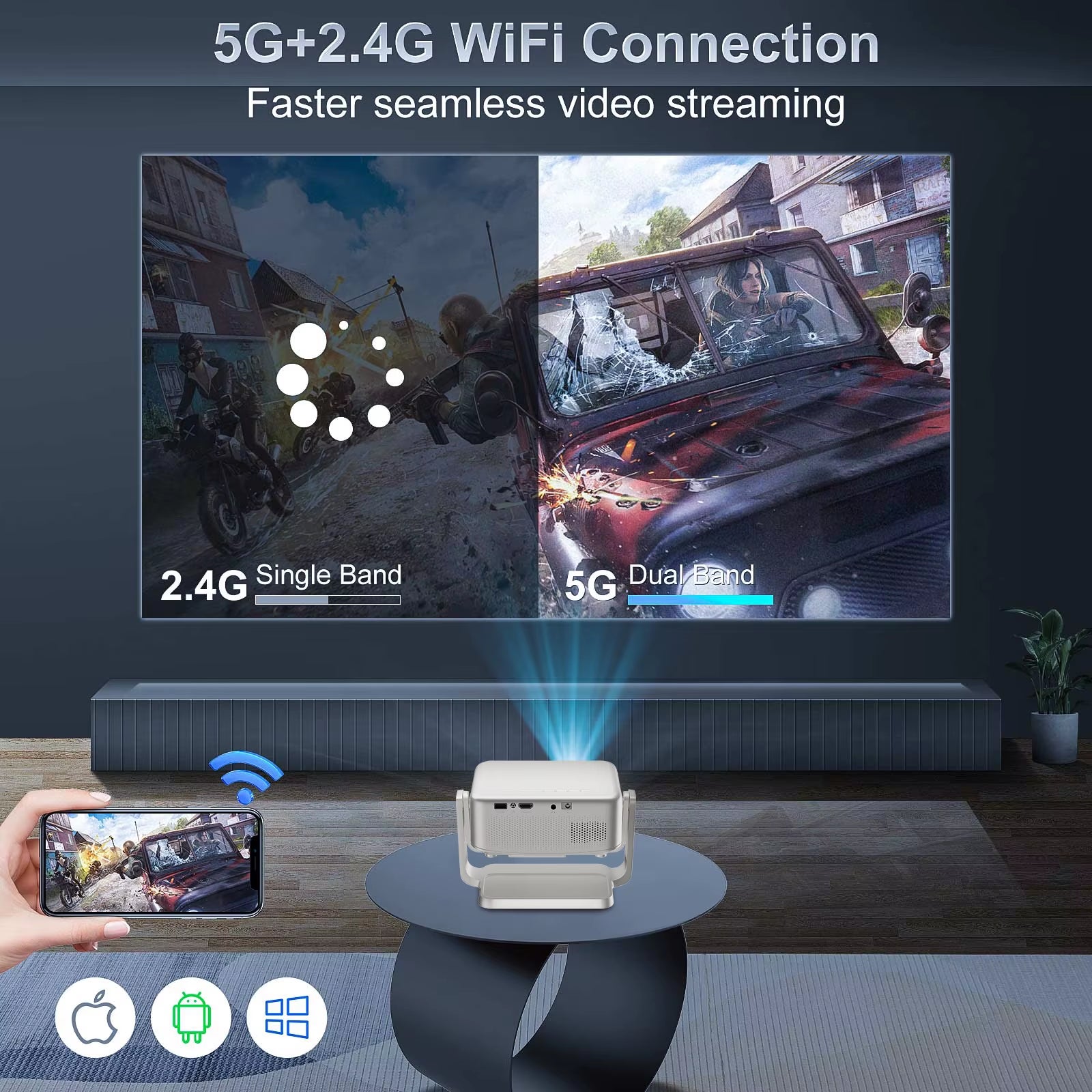 P90 Projector Android Wifi BT5.0 3D Movie Theater 360° Rotatable Smart TV 4K Video 1280X720P Home Cinema Compatible IOS