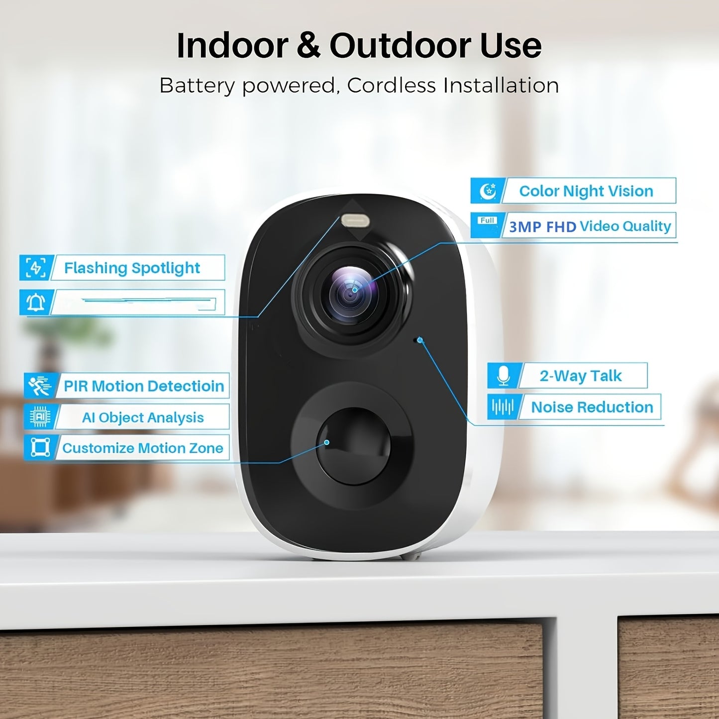 Outdoor Wireless Security Camera, 3MP 1296P Resolution, 5000mAh Battery Powered CCTV Camera for Home Security, Cloud/SD(up to 256G), 3 days of free cloud storage, AI Motion Detection, Spotlight, Color Night Vision, WiFi, Two-