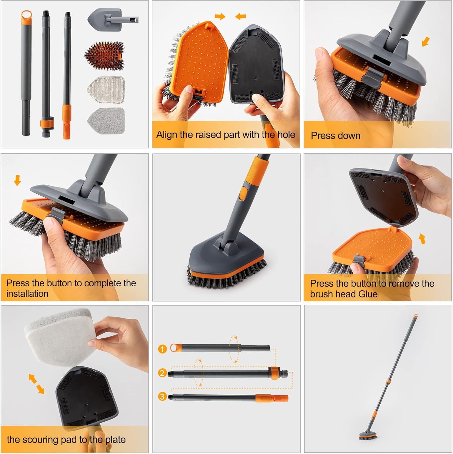 CLEANHOME Shower Scrubber,4-In-1 Scrubbing Brush with Long Handle(132 Cm), 3 Different Fibre Cleaning Pad,Suitable for Cleaning Bathtubs, Floor Tile Gaps, and Glass Mirrors.1