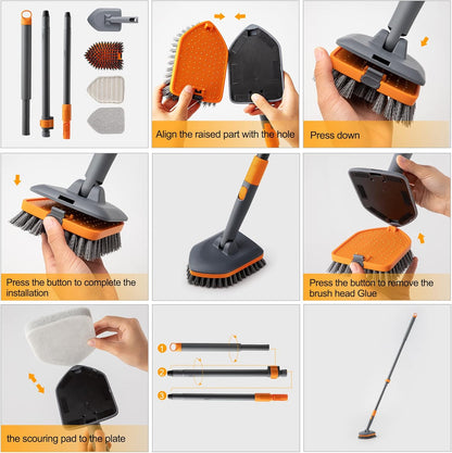CLEANHOME Shower Scrubber,4-In-1 Scrubbing Brush with Long Handle(132 Cm), 3 Different Fibre Cleaning Pad,Suitable for Cleaning Bathtubs, Floor Tile Gaps, and Glass Mirrors.1