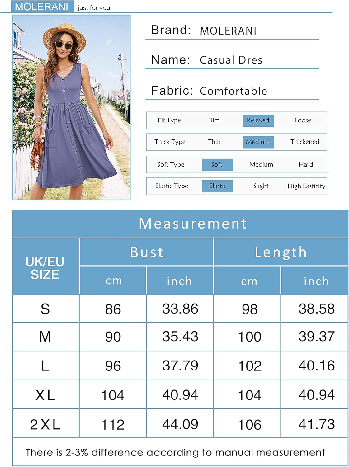 Summer Dresses for Women - UK Sleeveless Ladies Dress with V Neck, Beach Dress, Swing Button Midi Sundress with Pockets