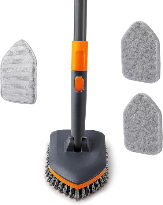 CLEANHOME Shower Scrubber,4-In-1 Scrubbing Brush with Long Handle(132 Cm), 3 Different Fibre Cleaning Pad,Suitable for Cleaning Bathtubs, Floor Tile Gaps, and Glass Mirrors.1