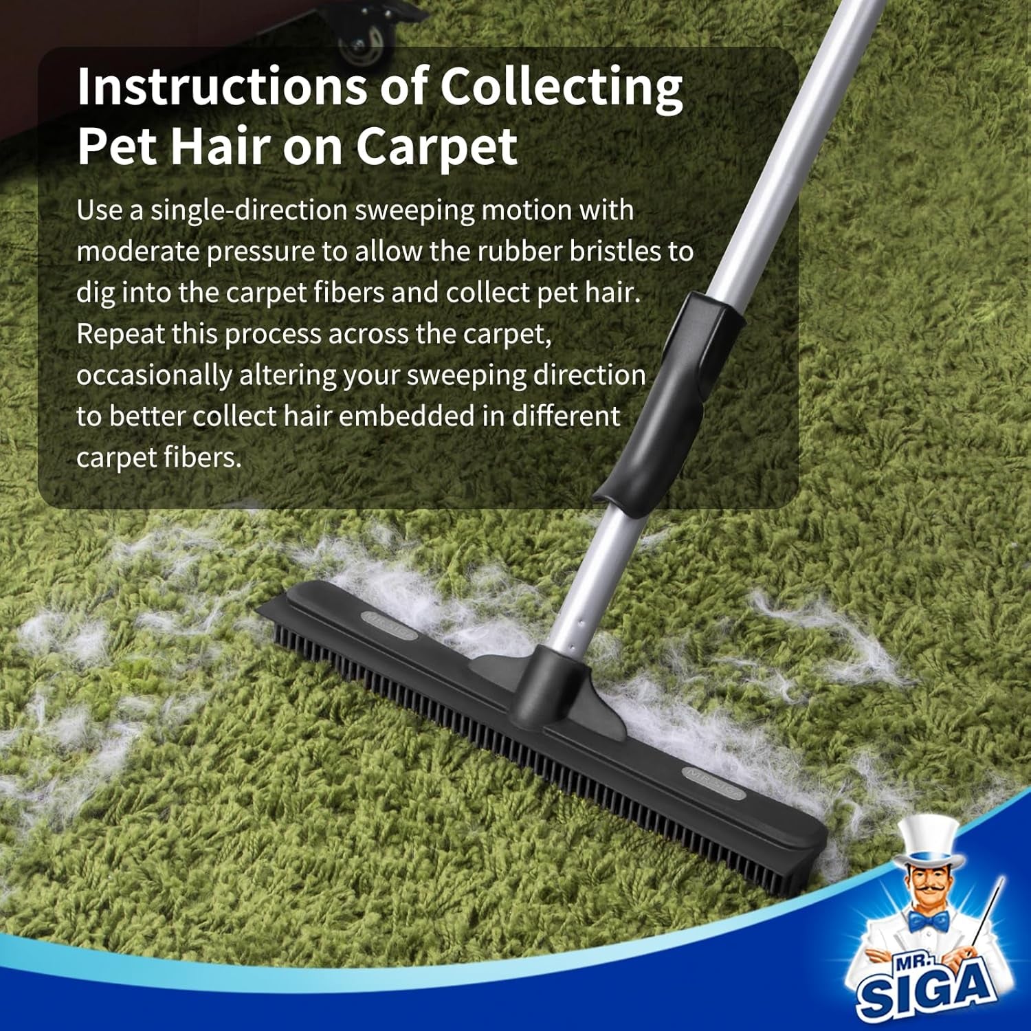 Pet Hair Removal Rubber Broom with Built in Squeegee, 3 in 1 Floor Brush for Carpet, 61 Inch Adjustable Handle, Includes 1 Microfiber Cloth for Floor Dusting