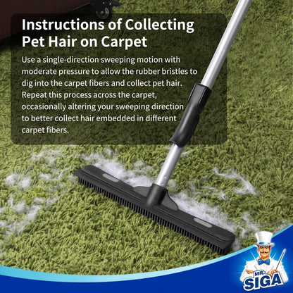 Pet Hair Removal Rubber Broom with Built in Squeegee, 3 in 1 Floor Brush for Carpet, 61 Inch Adjustable Handle, Includes 1 Microfiber Cloth for Floor Dusting
