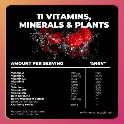 Daily Immunity Tablets - 4-In-1 Effervescent Multivitamins, Minerals & Phytonutrients - Vitamin D, Vitamin C and Zinc - Vegan, No Sugar- Max Strength Tablets, Raspberry & Lemon, 20 Count