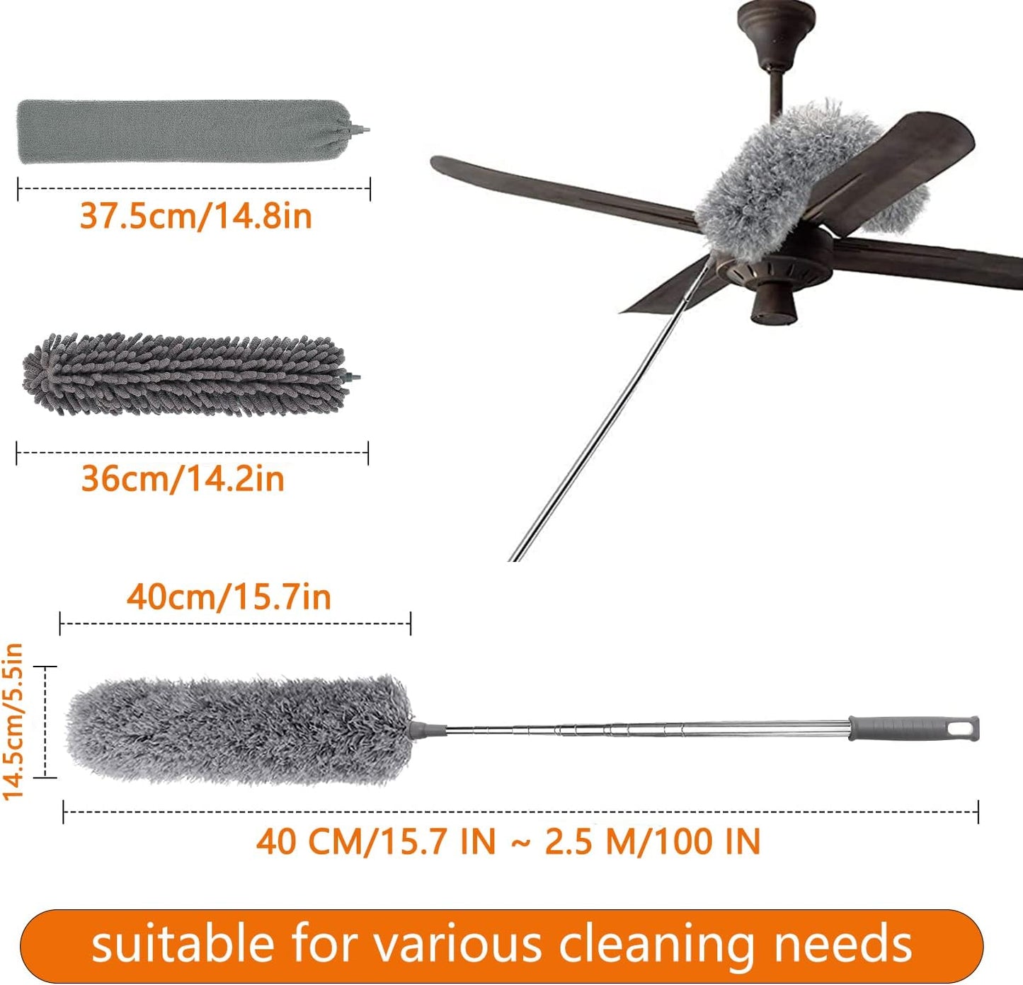 Feather Duster 5PCS Kit with 30-100 Inch Telescopic Extension Pole, Detachable Bendable and Reusable Gap Hand Crevice Brush for Cleaning Dust Cobwebs on High Ceiling Fans Lights Blinds Cars Furniture