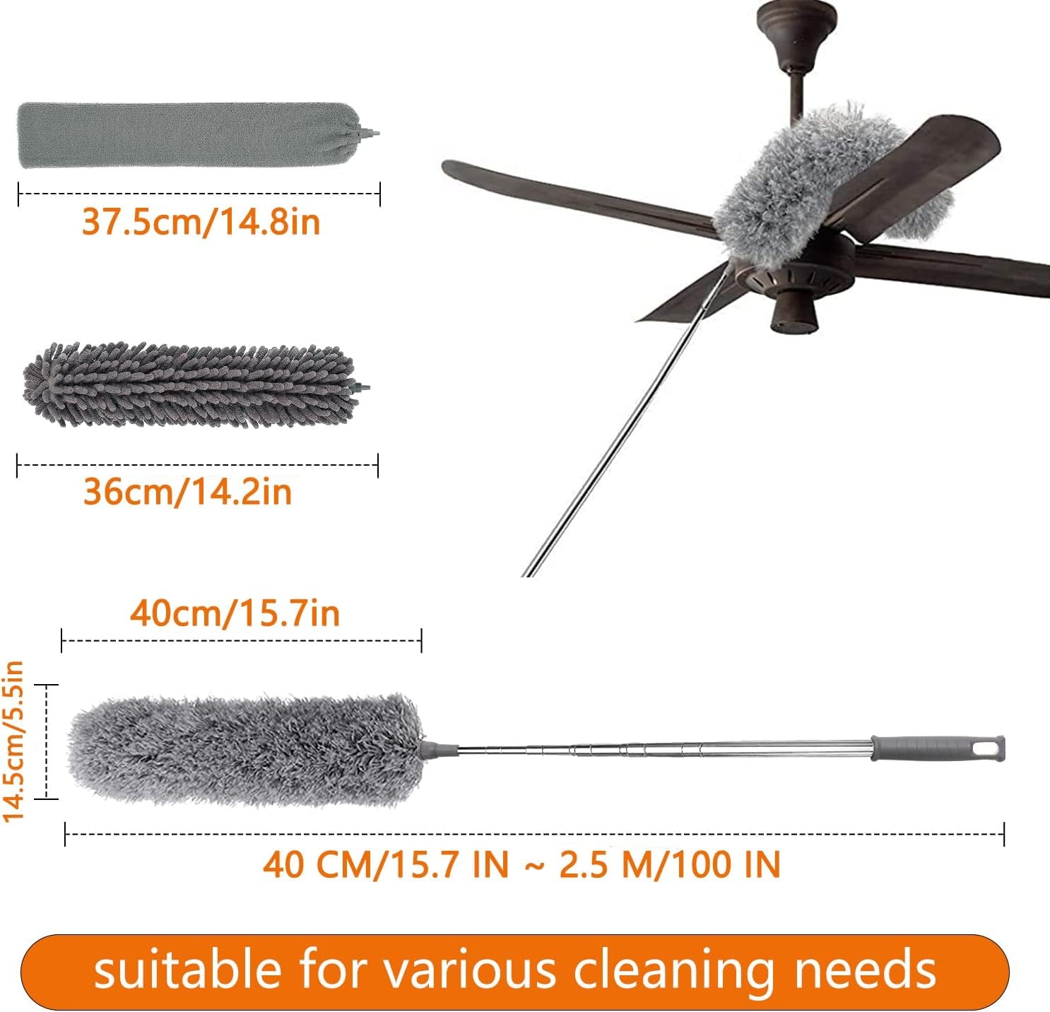 Feather Duster 5PCS Kit with 30-100 Inch Telescopic Extension Pole, Detachable Bendable and Reusable Gap Hand Crevice Brush for Cleaning Dust Cobwebs on High Ceiling Fans Lights Blinds Cars Furniture